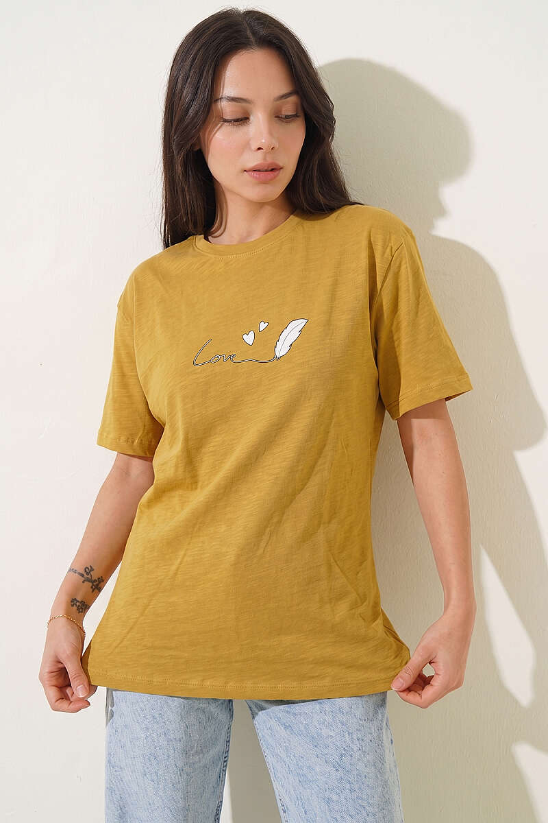 Love Baskılı T-shirt Yağ Yeşili