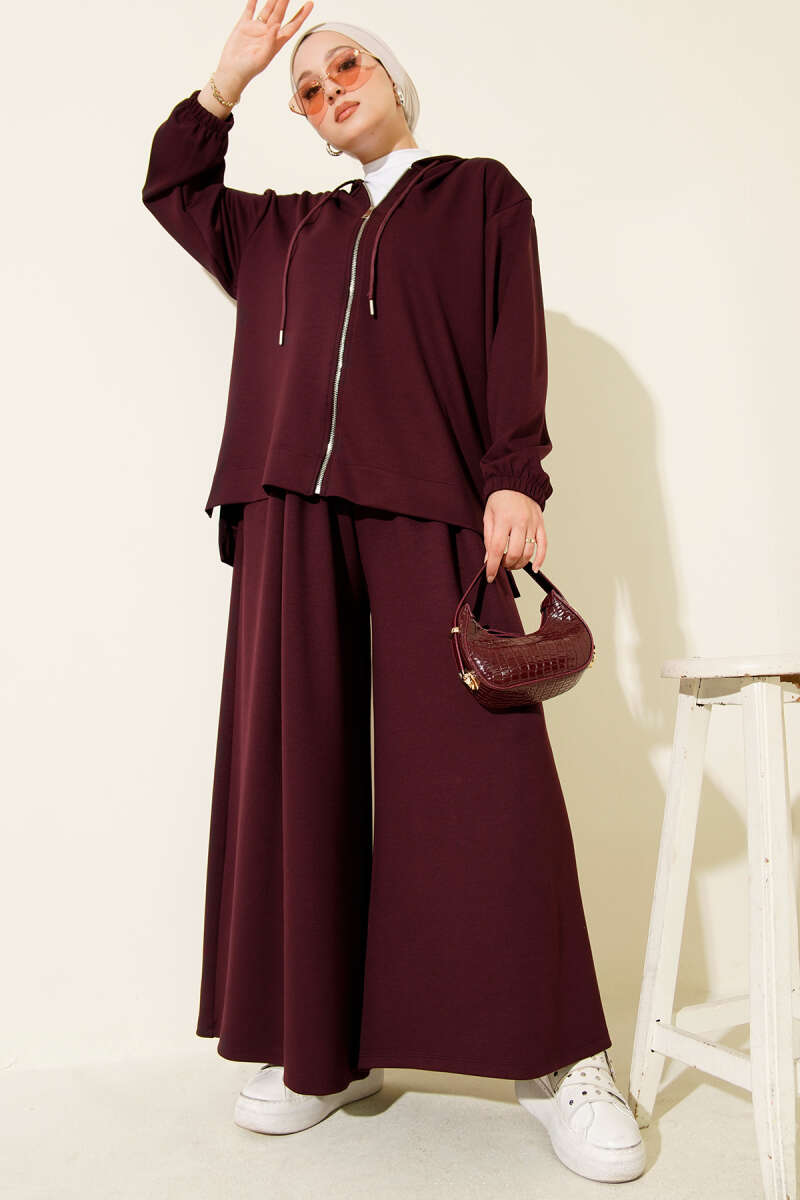 Loyşa Basic Fermuarlı Kapüşonlu İkili Takım Mürdüm