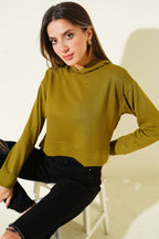 Loyşa Kapüşonlu Kısa Sweatshirt Yağ Yeşili