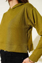 Loyşa Kapüşonlu Kısa Sweatshirt Yağ Yeşili