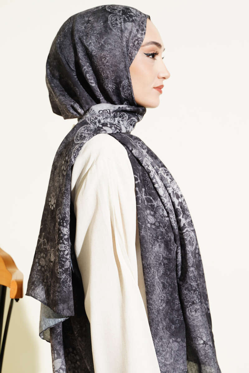 Mandala Desen Bambu Kraş Şal Antrasit