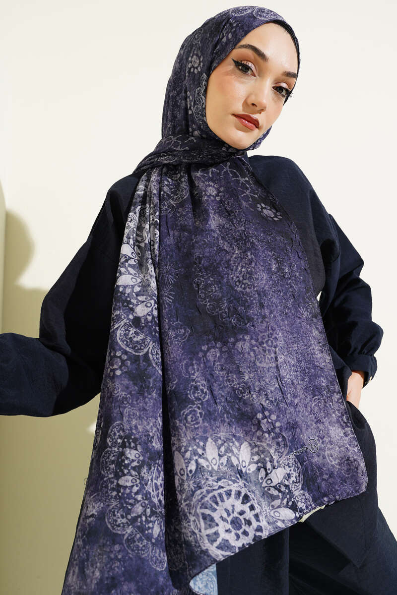 Mandala Desen Bambu Kraş Şal Lacivert