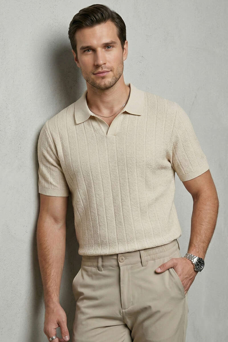 Merserize Açık Polo Yaka Erkek T-shirt