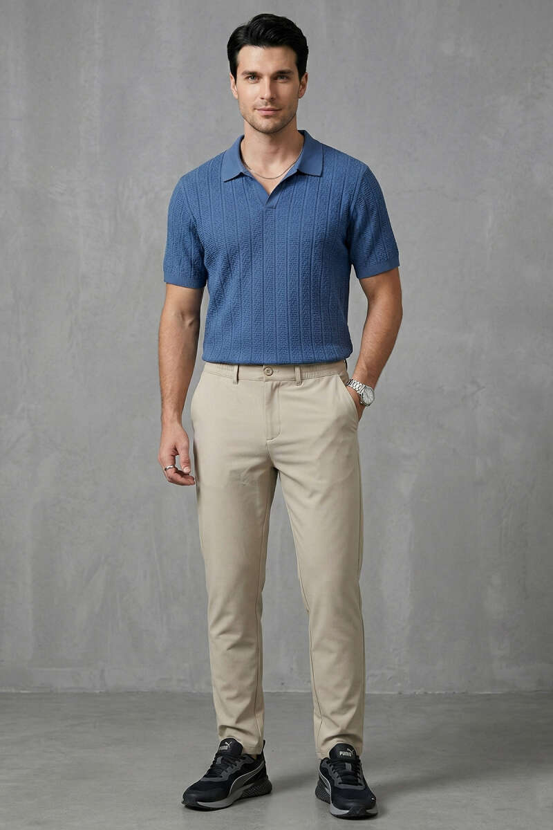 Merserize Açık Polo Yaka Erkek T-shirt İndigo