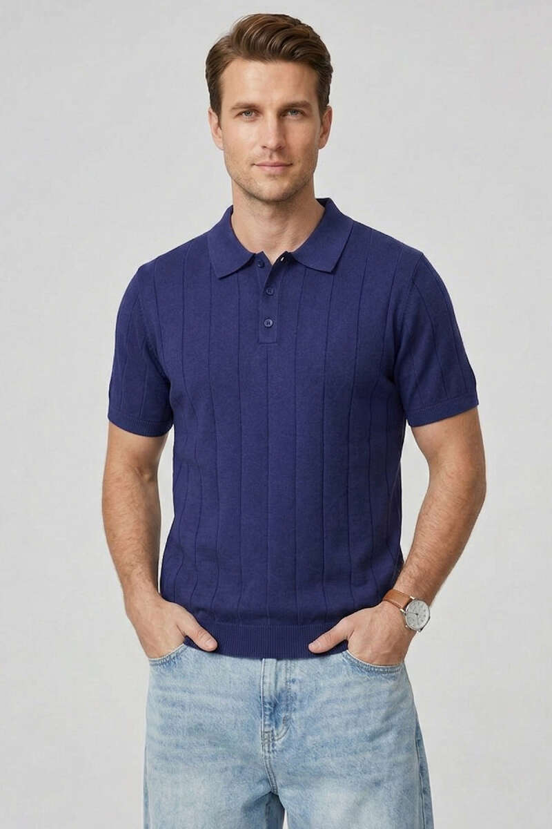 Merserize Önü Düğmeli Erkek T-shirt Lacivert