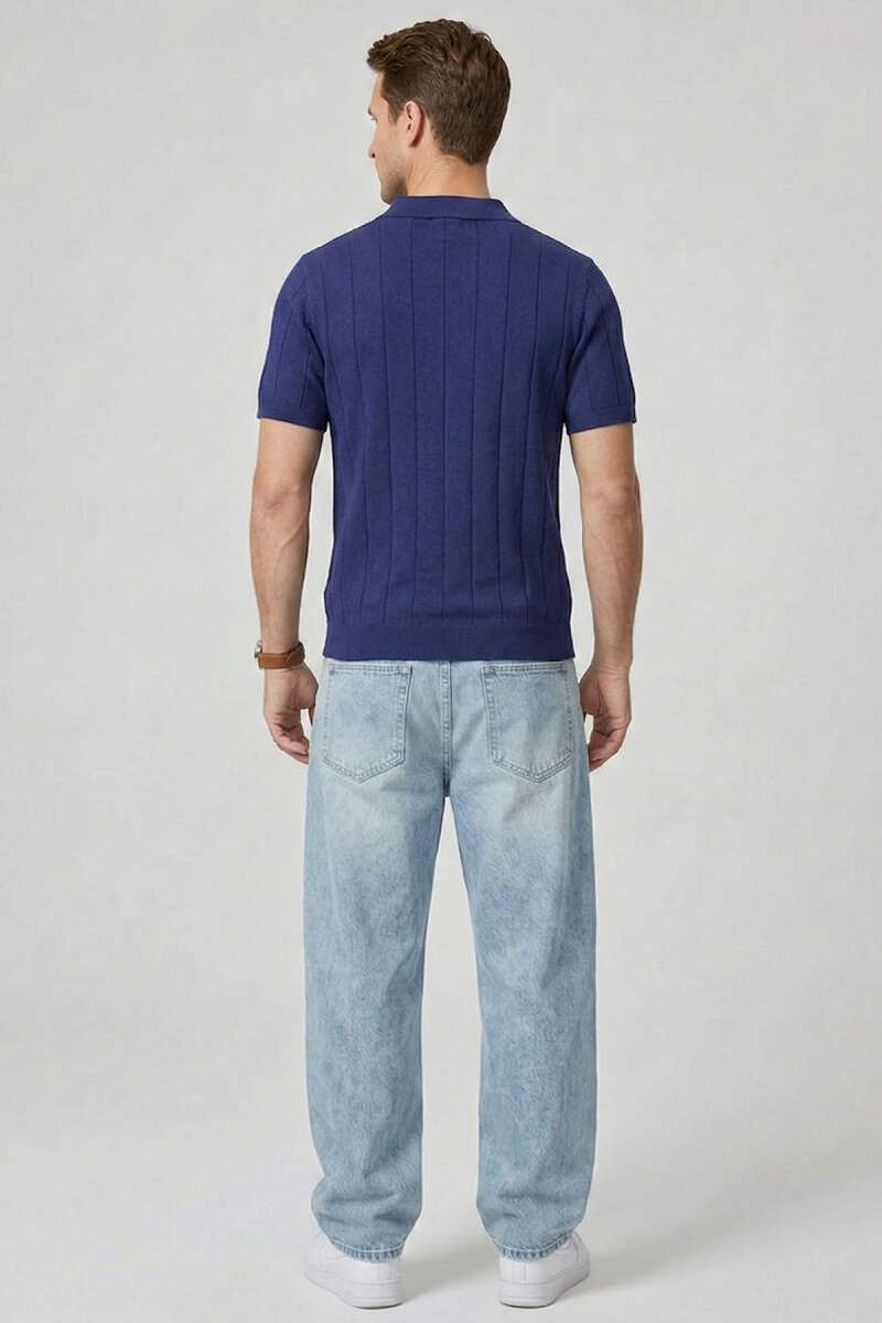 Merserize Önü Düğmeli Erkek T-shirt Lacivert