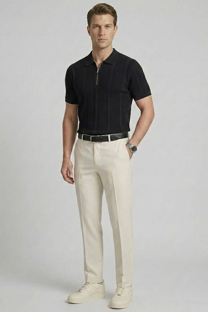 Merserize Polo Yaka Erkek T-shirt Siyah