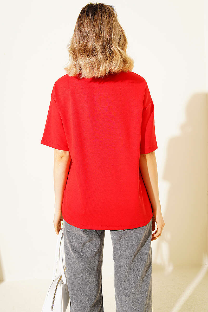 Midilli Nakışlı Modal T-shirt Kırmızı