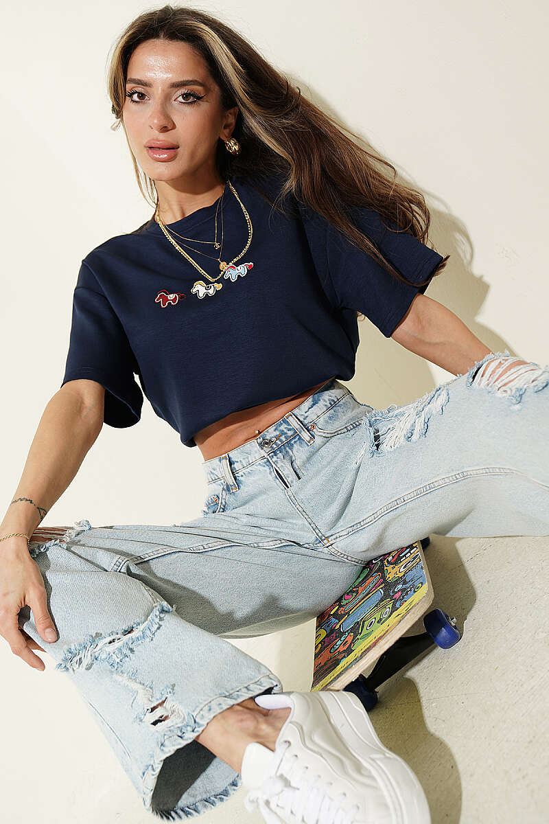 Midilli Nakışlı Modal T-shirt Lacivert