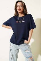 Midilli Nakışlı Modal T-shirt Lacivert