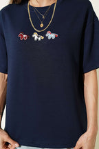 Midilli Nakışlı Modal T-shirt Lacivert