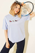Midilli Nakışlı Modal T-shirt Mavi