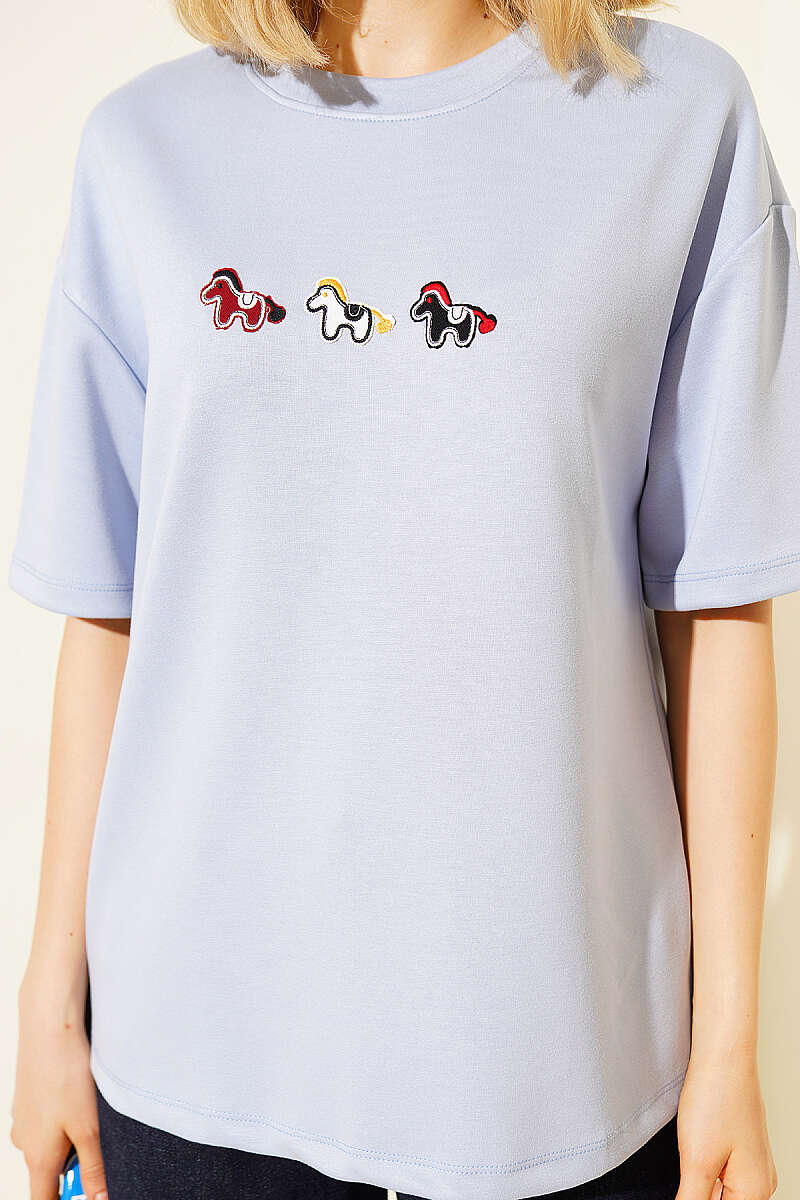 Midilli Nakışlı Modal T-shirt Mavi