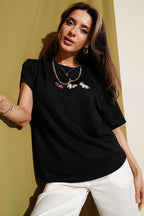 Midilli Nakışlı Modal T-shirt Siyah