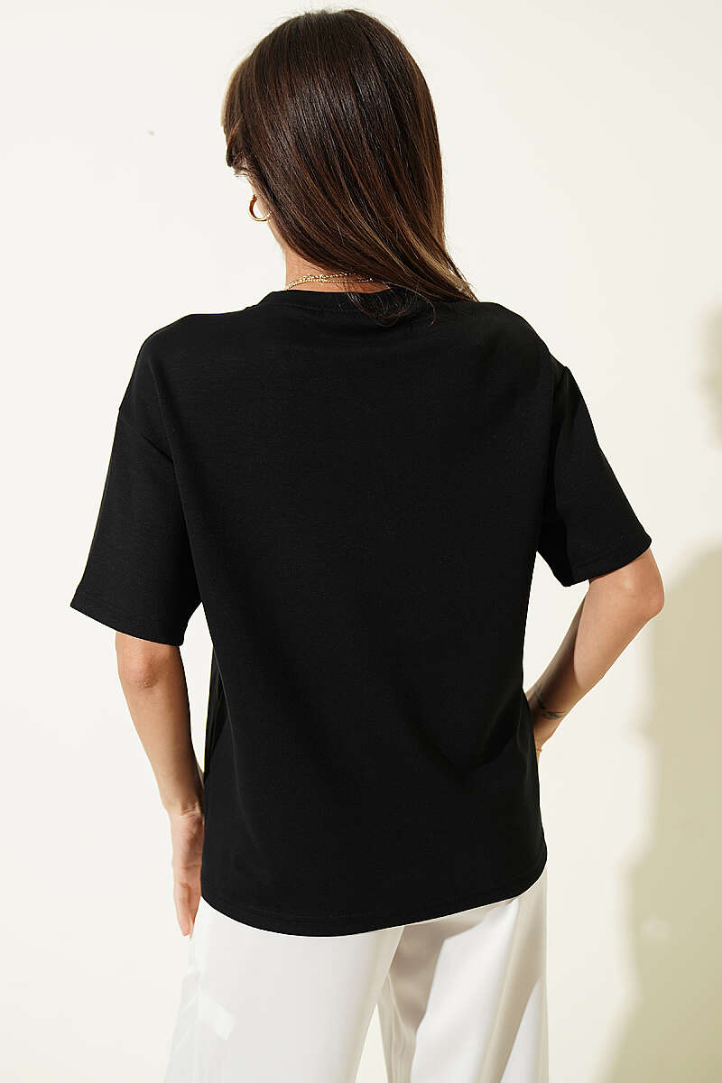Midilli Nakışlı Modal T-shirt Siyah