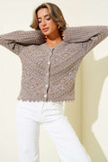 Mini Flower Embroidered Short Knit Cardigan Mink