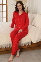 Mini Kalpli Gömlek Yaka Pijama Takımı Kırmızı