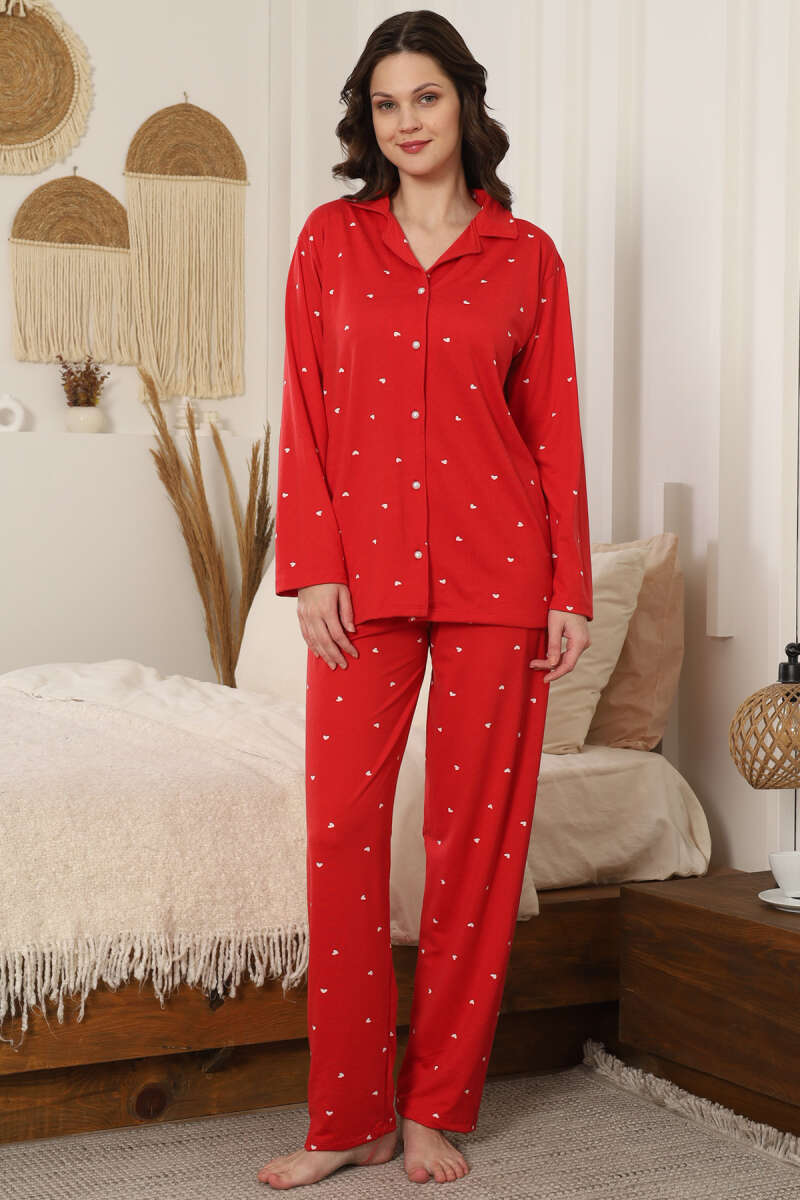 Mini Kalpli Gömlek Yaka Pijama Takımı Kırmızı