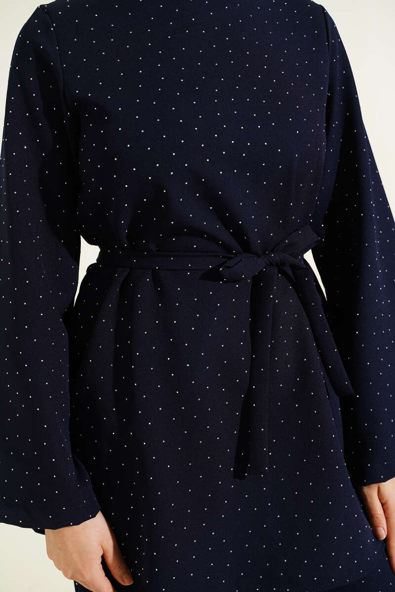 Mini Taş Süslemeli Kuşaklı İkili Takım Lacivert