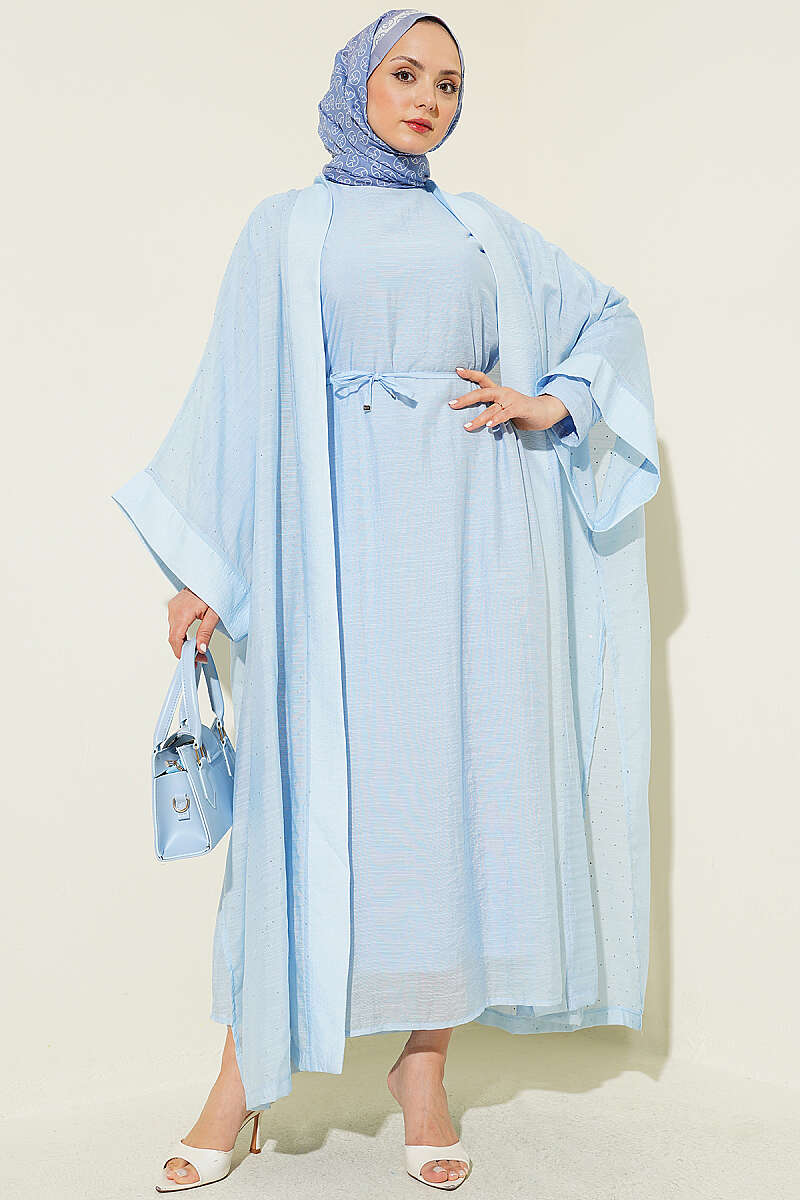 Mini Taşlı Abaya Takım Mavi