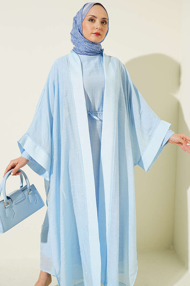 Mini Taşlı Abaya Takım Mavi