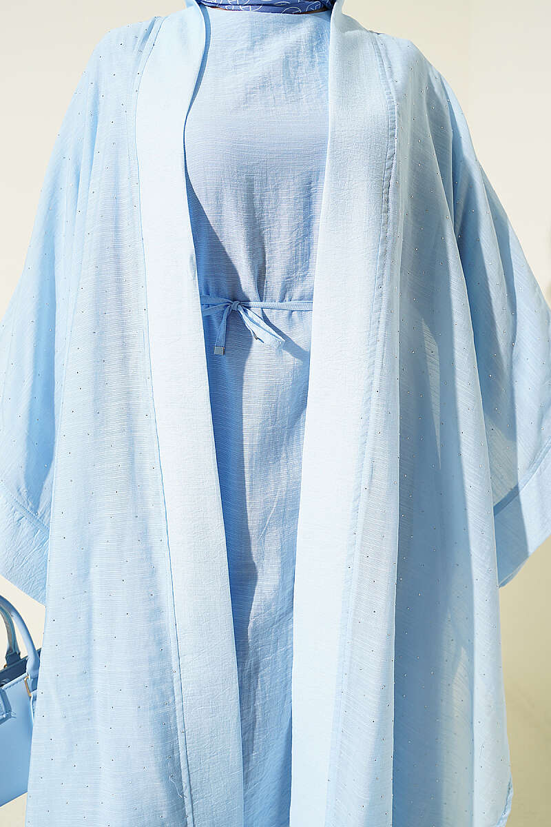 Mini Taşlı Abaya Takım Mavi