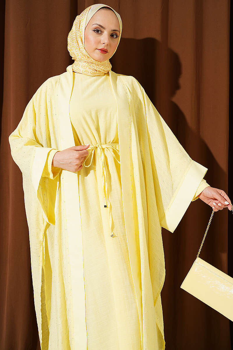 Mini Taşlı Abaya Takım Sarı
