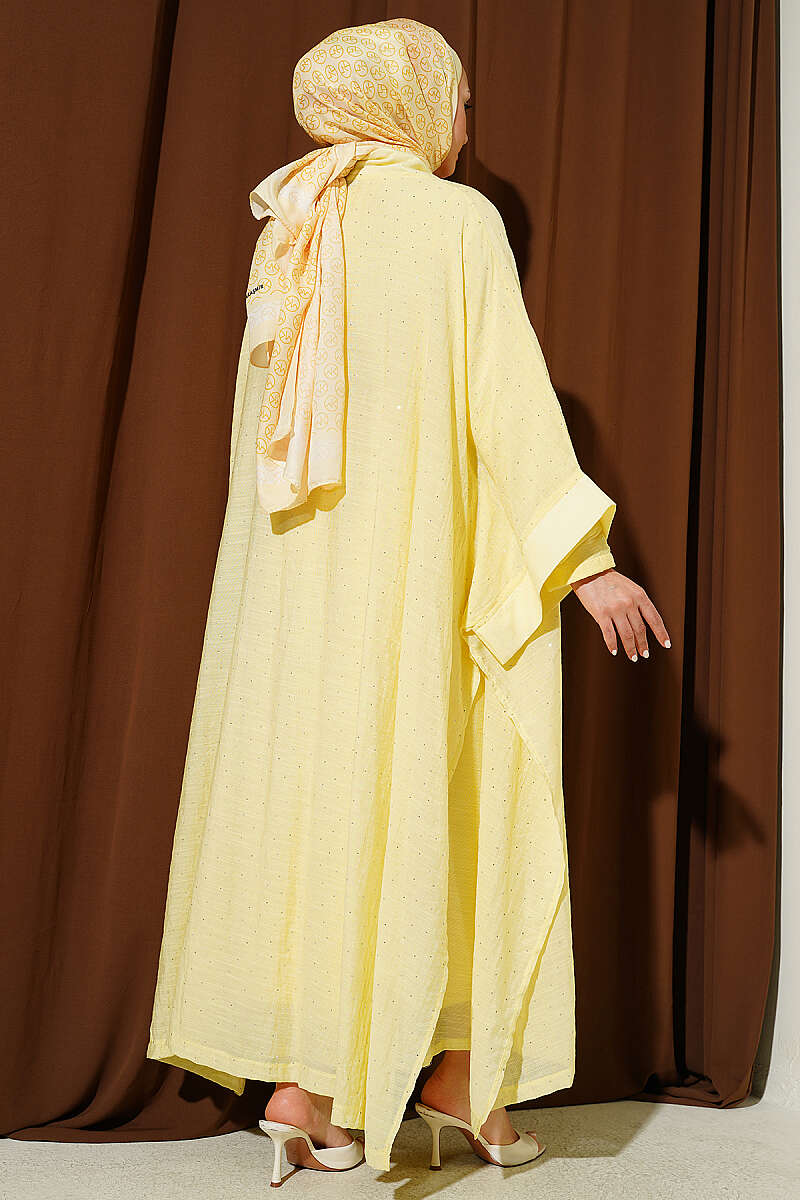 Mini Taşlı Abaya Takım Sarı