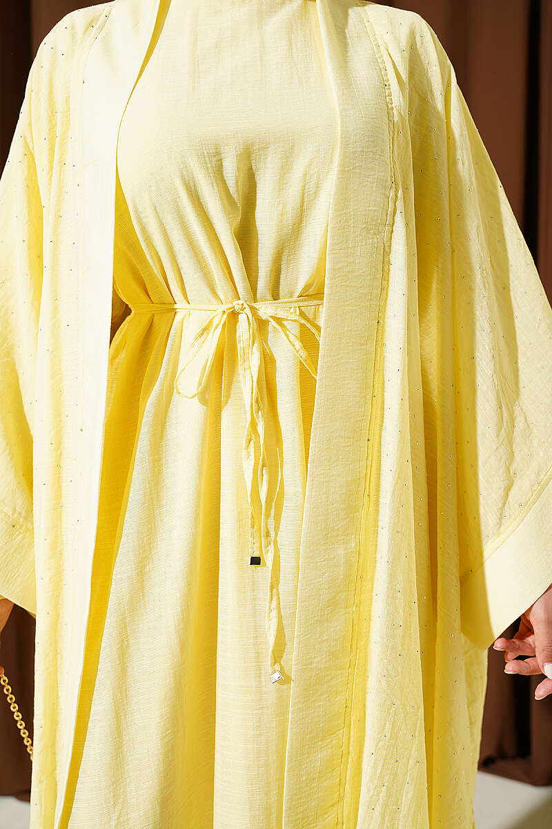 Mini Taşlı Abaya Takım Sarı