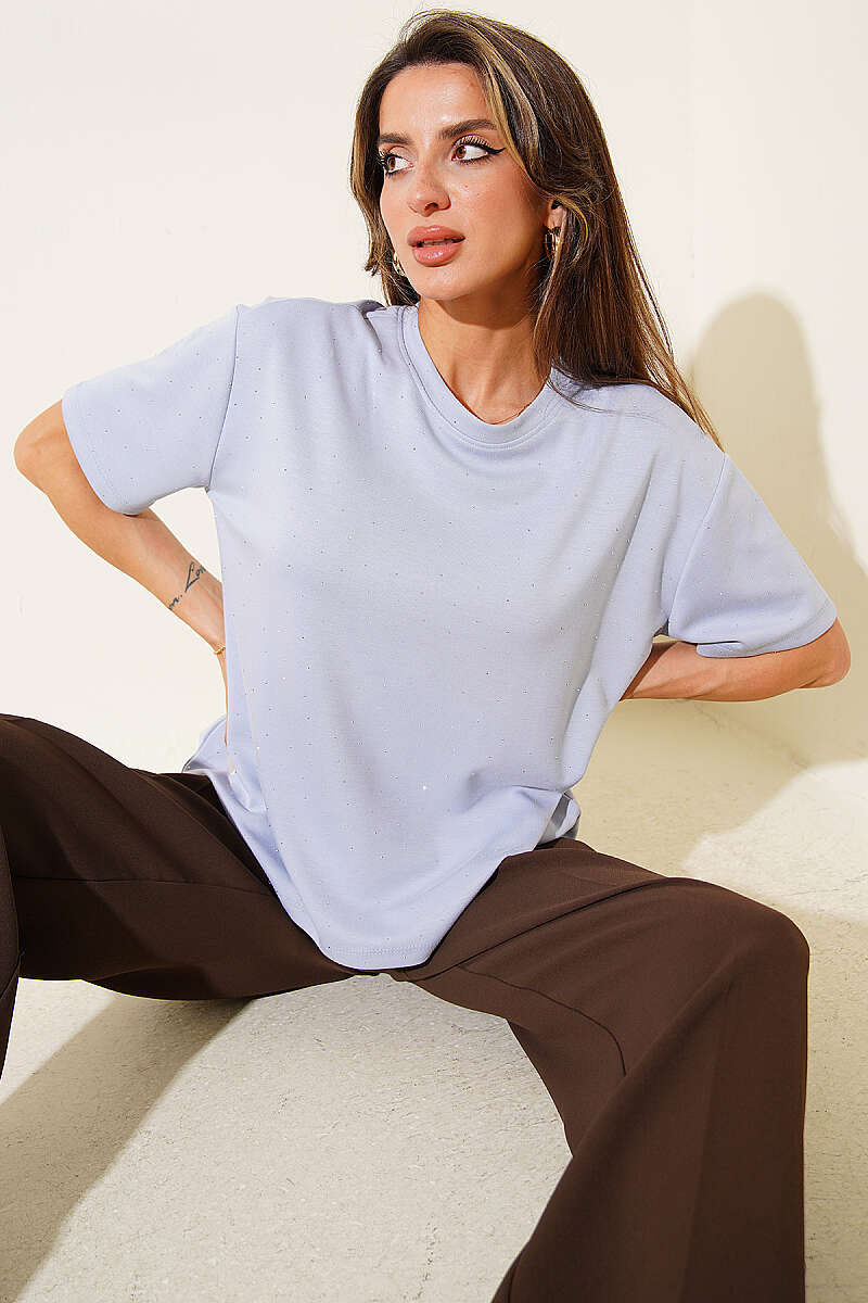 Mini Taşlı Bisiklet Yaka T-shirt Buz Mavisi