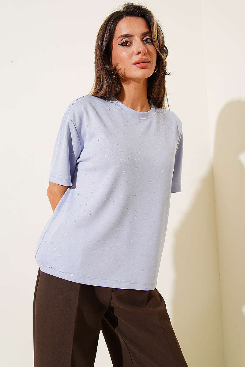 Mini Taşlı Bisiklet Yaka T-shirt Buz Mavisi