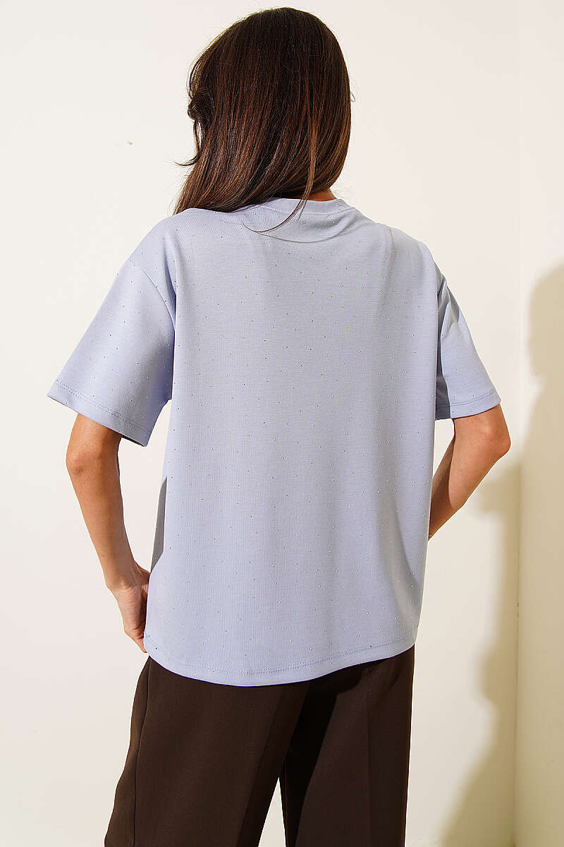 Mini Taşlı Bisiklet Yaka T-shirt Buz Mavisi