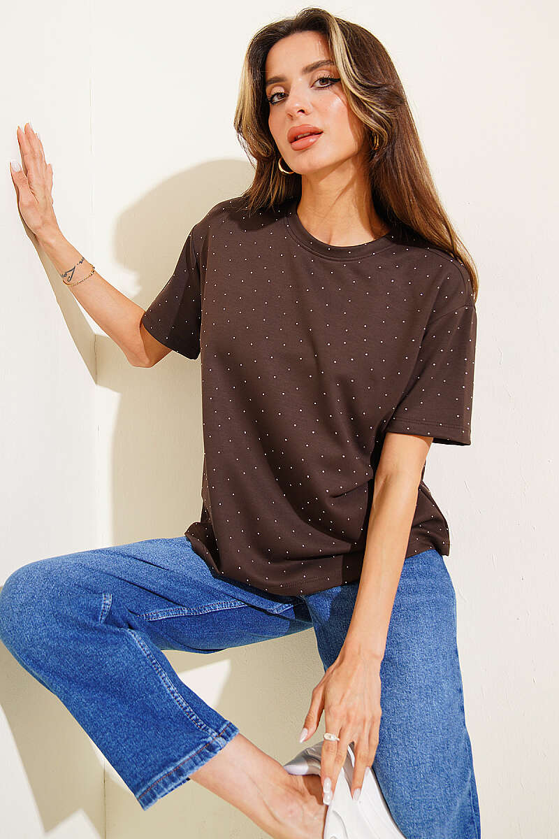 Mini Taşlı Bisiklet Yaka T-shirt