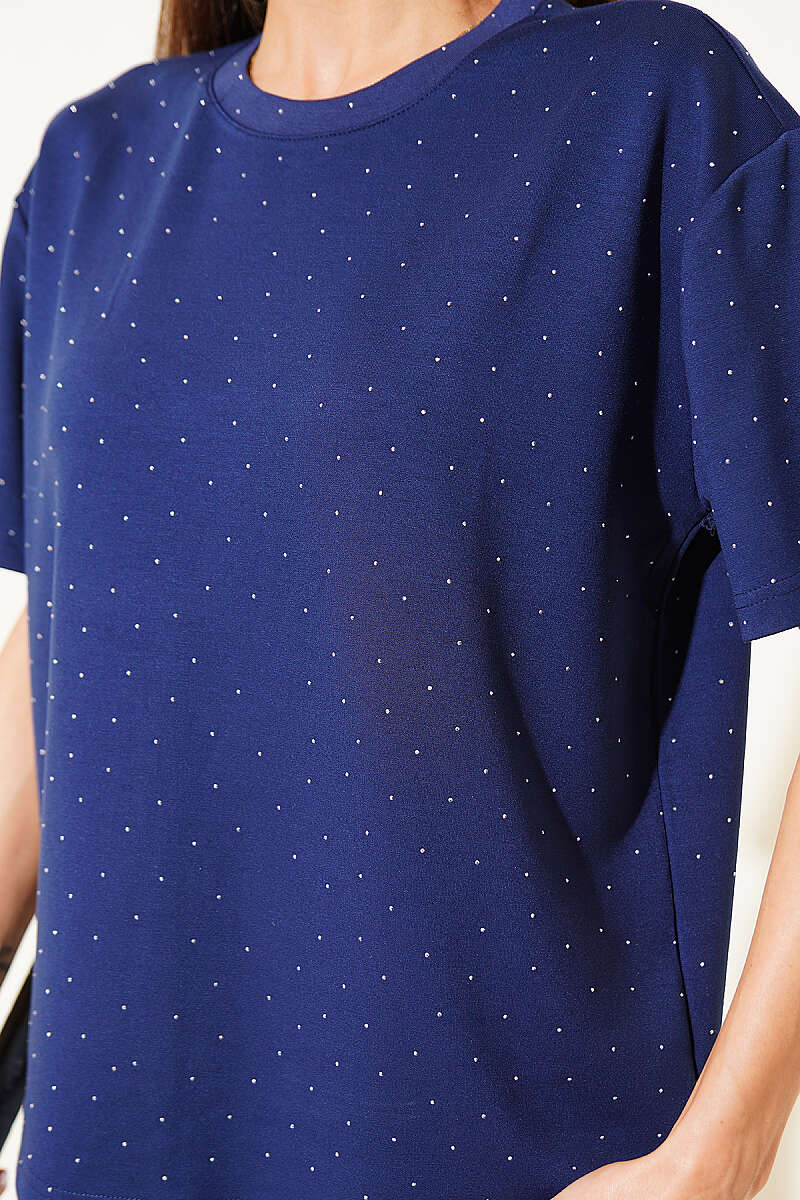 Mini Taşlı Bisiklet Yaka T-shirt Lacivert