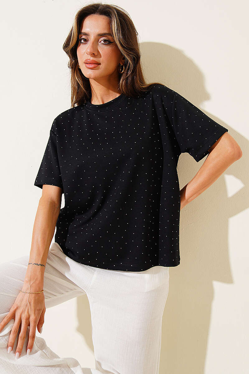 Mini Taşlı Bisiklet Yaka T-shirt Siyah