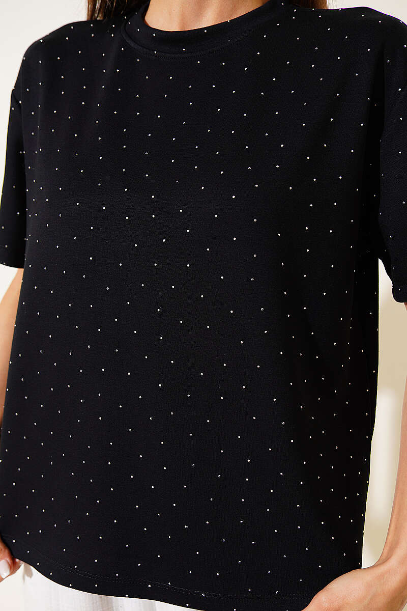 Mini Taşlı Bisiklet Yaka T-shirt Siyah