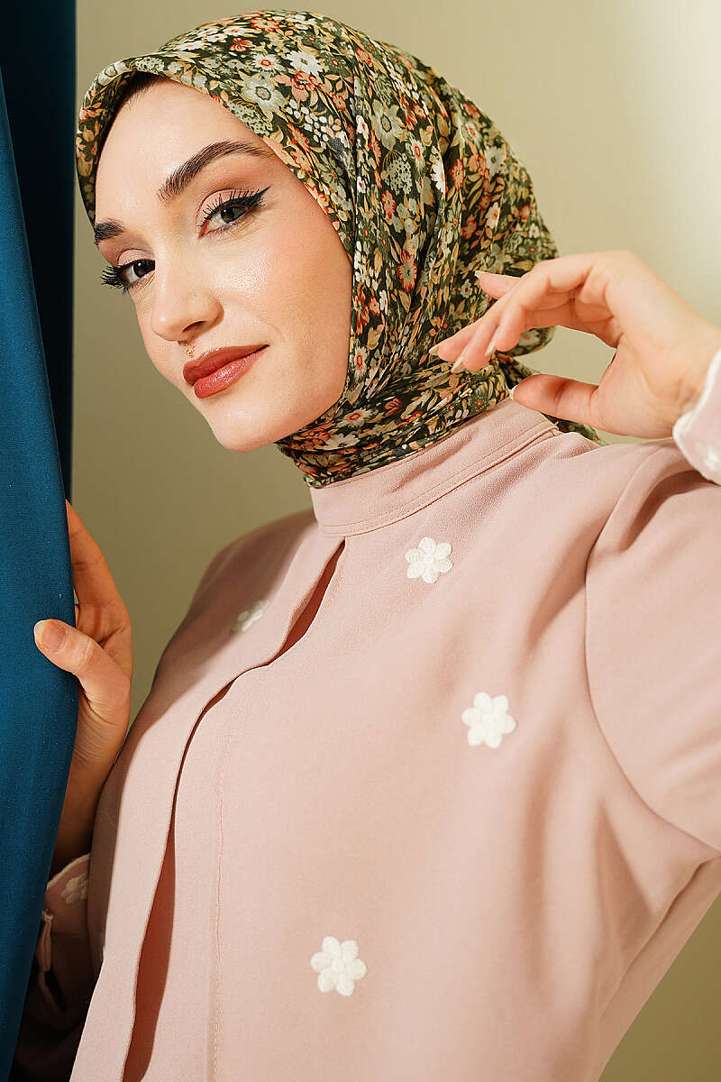 Minik Çiçek Desenli Eşarp Haki