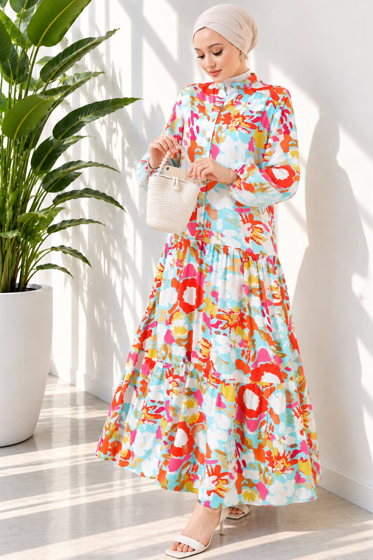 Mixed Pattern Half Button Viscose Dress Fuchsia