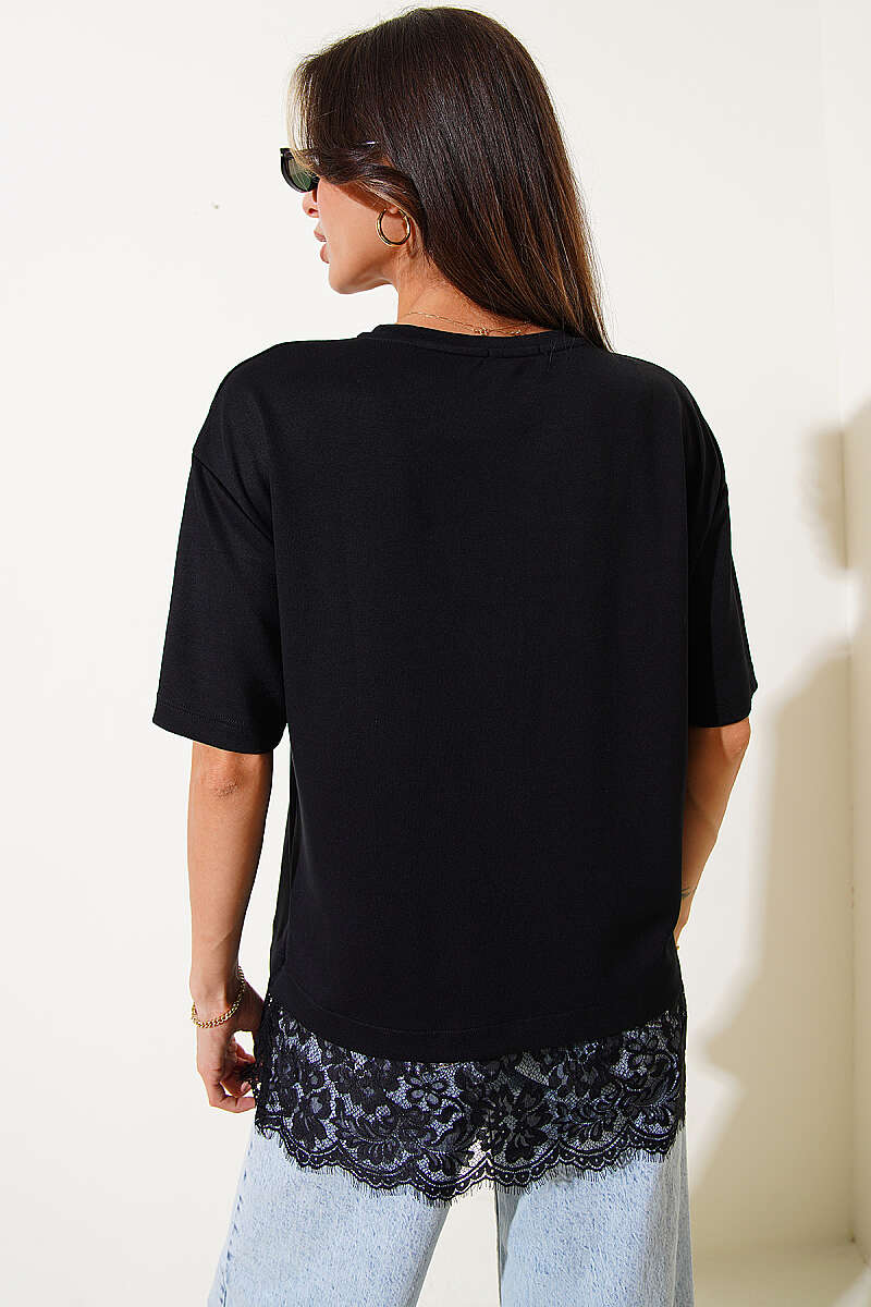 Modal Dantelli T-shirt Siyah