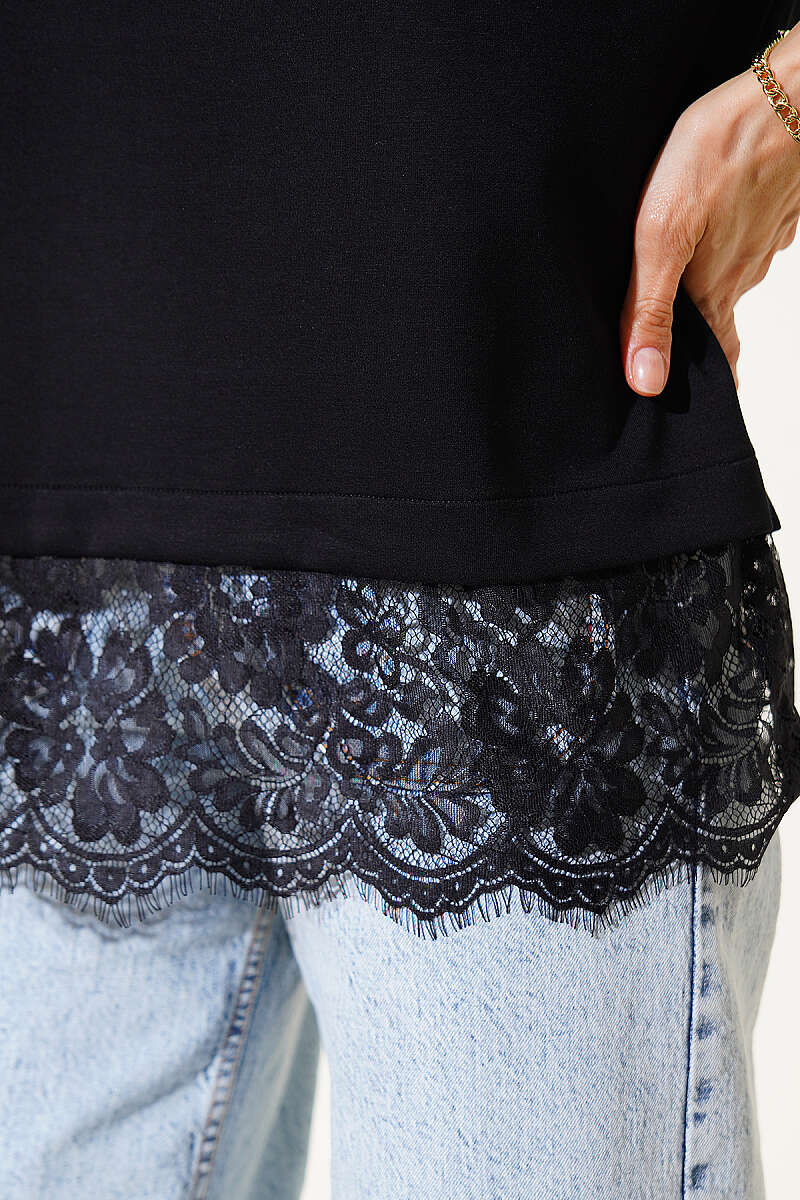 Modal Dantelli T-shirt Siyah