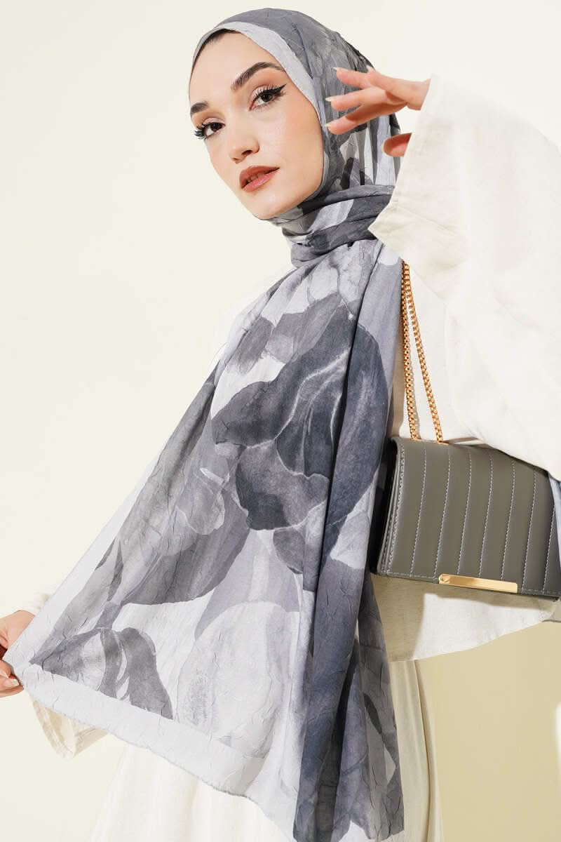 Modern Floral Desen Bambu Kraş Şal Gri