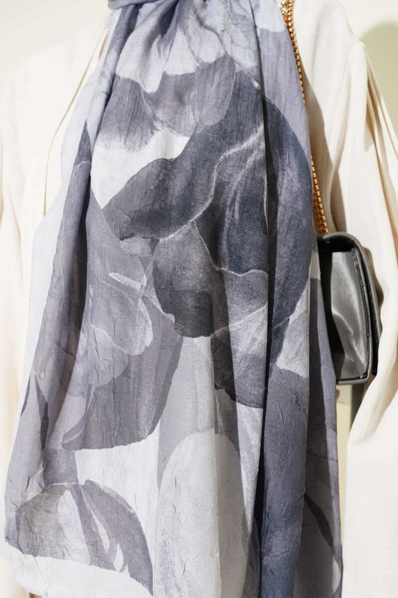 Modern Floral Desen Bambu Kraş Şal Gri