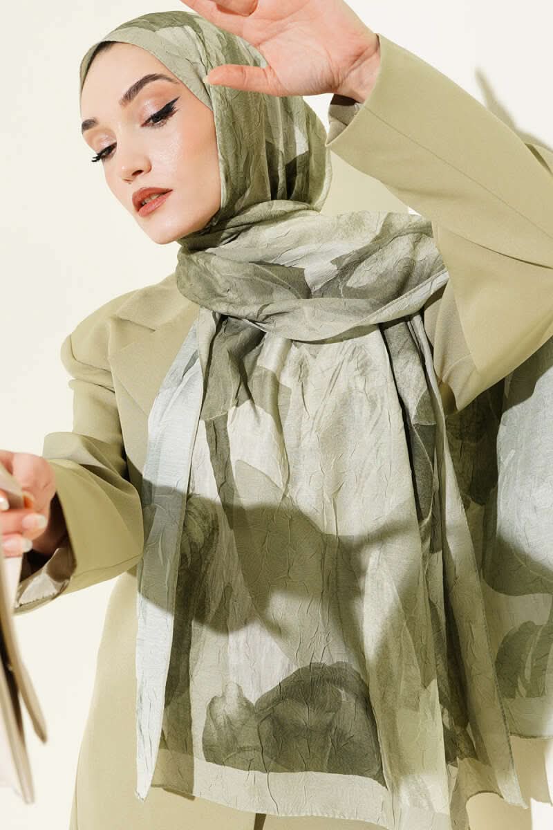 Modern Floral Desen Bambu Kraş Şal Haki
