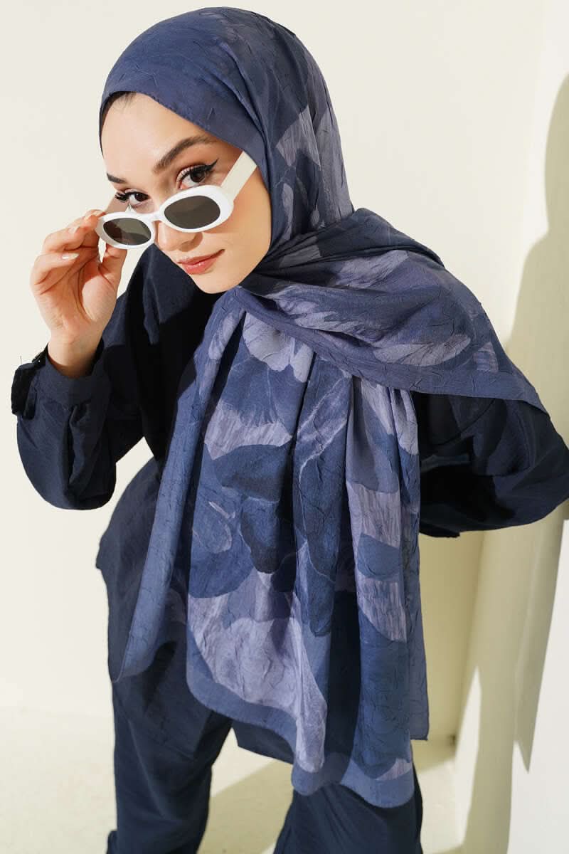 Modern Floral Desen Bambu Kraş Şal Lacivert
