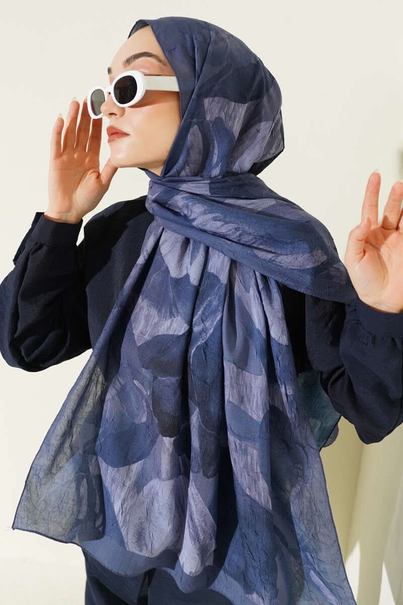 Modern Floral Desen Bambu Kraş Şal Lacivert