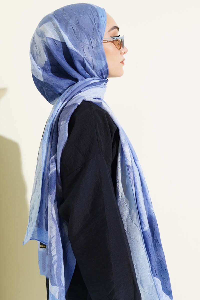 Modern Floral Desen Bambu Kraş Şal Mavi