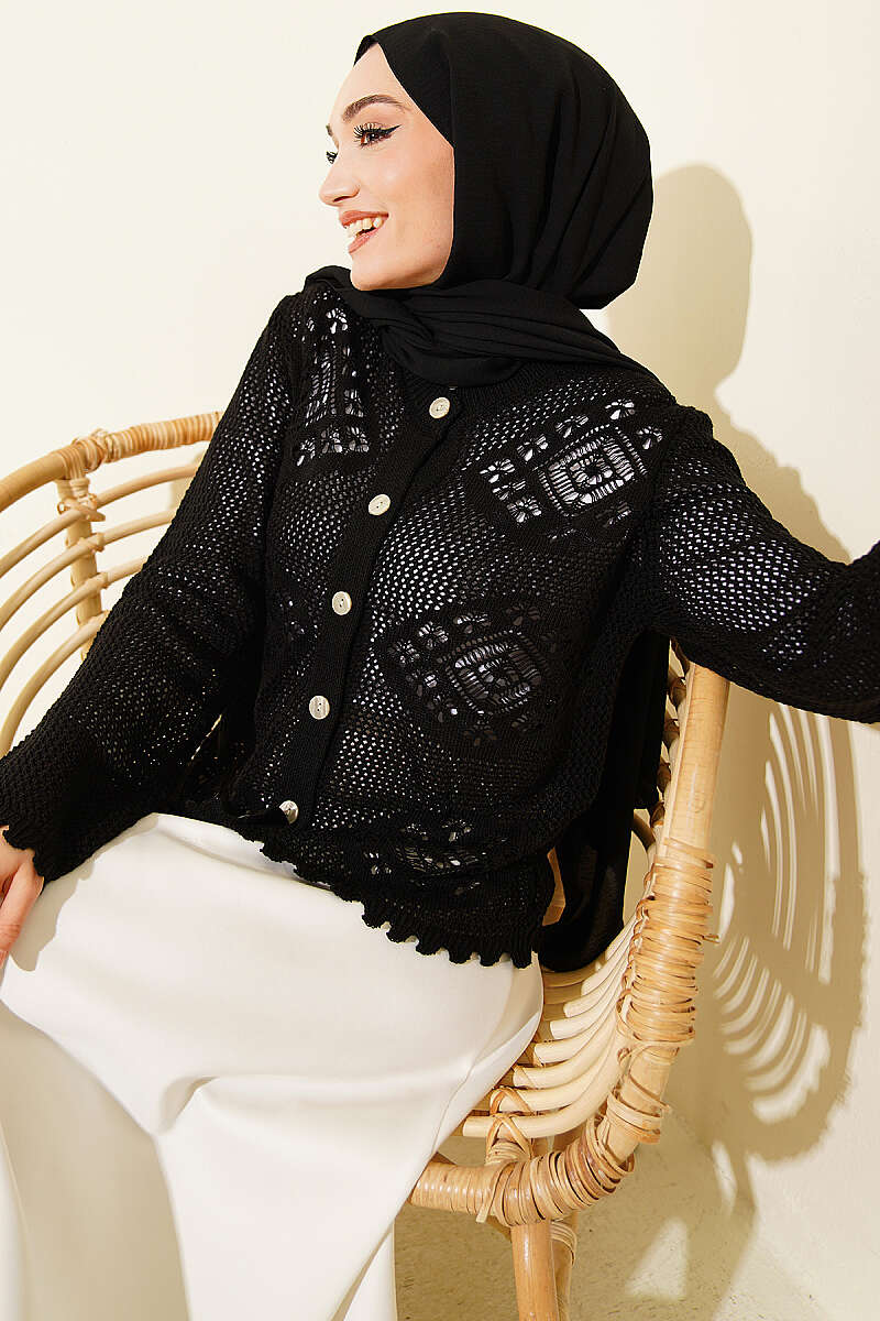 Motif Desen Ajurlu Kısa Hırka Siyah