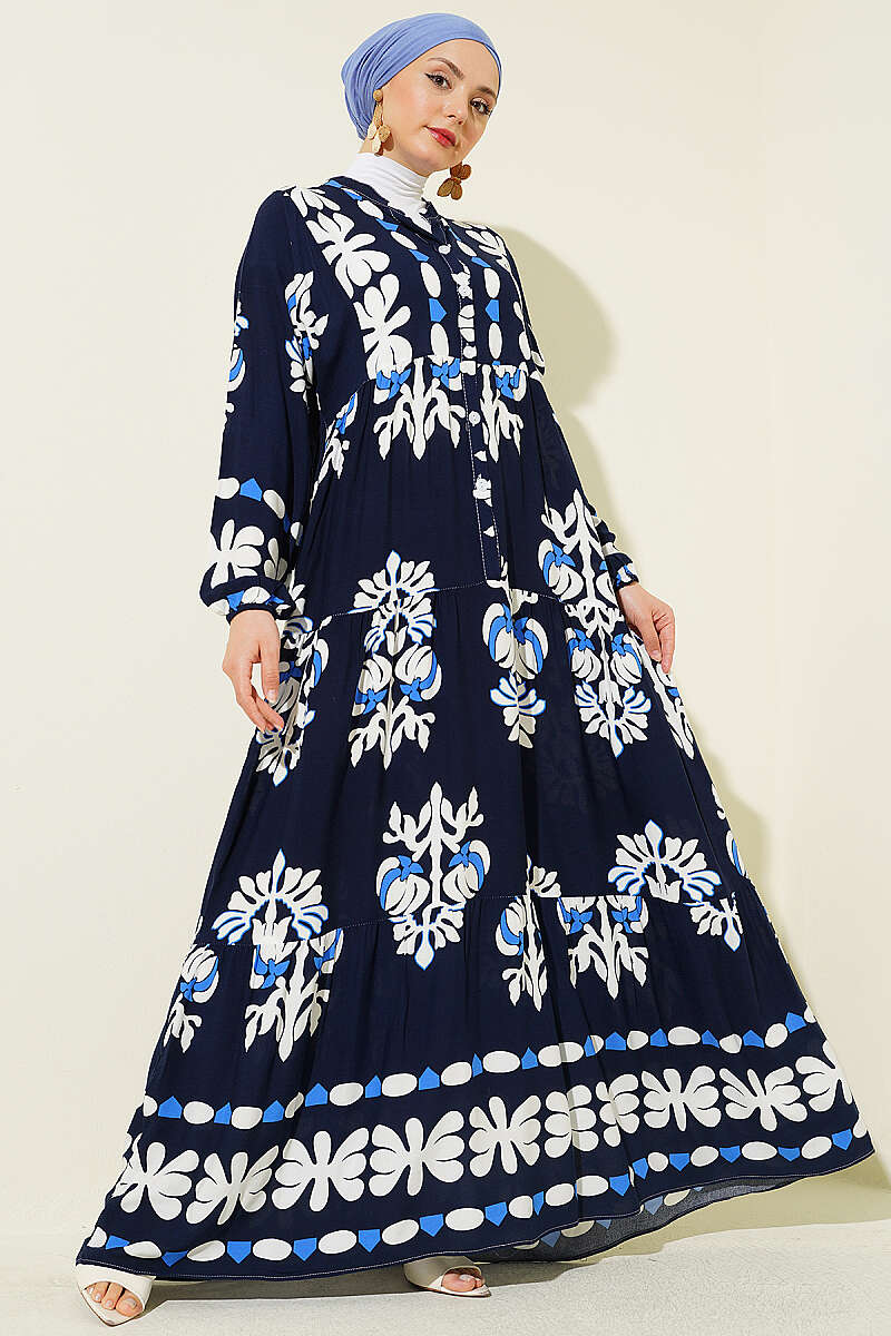 Motif Desen Hakim Yaka Elbise Lacivert