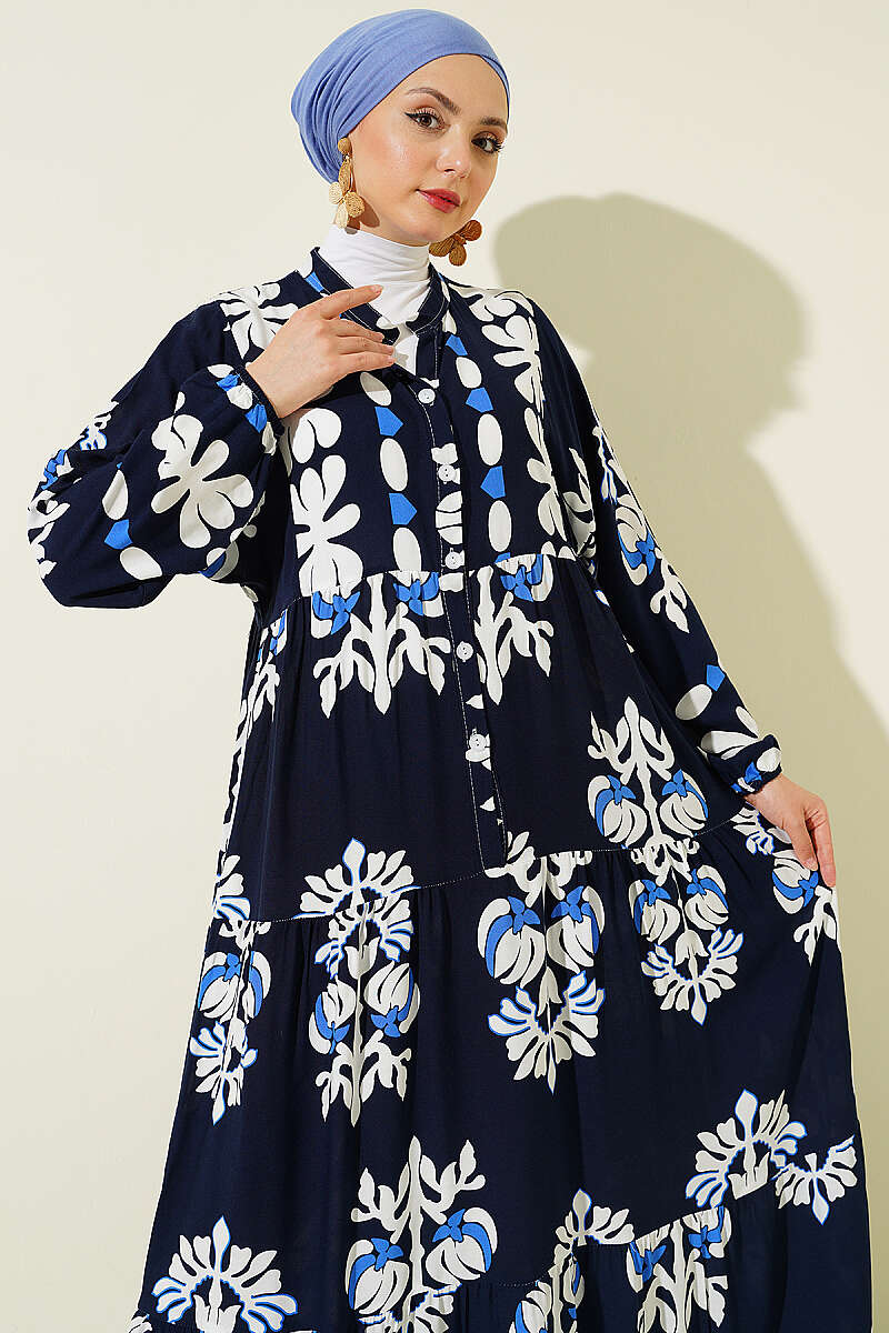 Motif Desen Hakim Yaka Elbise Lacivert
