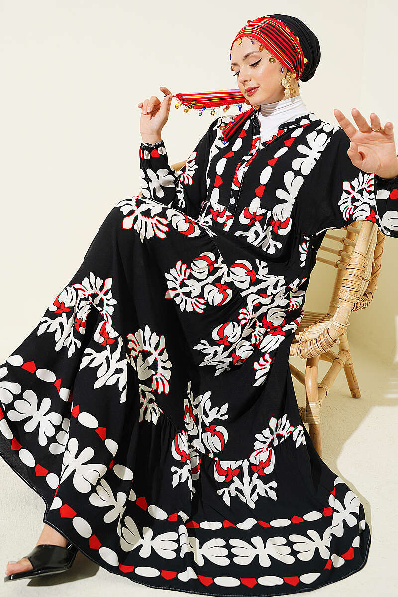 Motif Desen Hakim Yaka Elbise Siyah